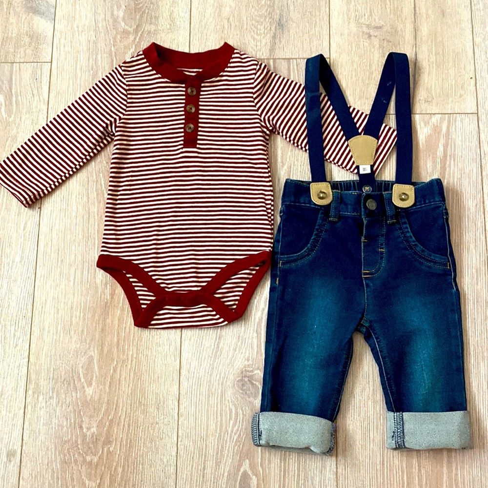 3-6 Month Cat & Jacket Baby Boy Outfit Onesie and Jean Overalls